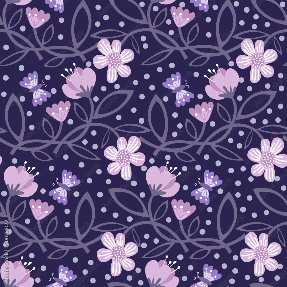Flower and Butterfly Seamless Pattern, design for scrapbooking, decoration, cards, paper goods, background, wallpaper, wrapping, fabric and all your creative projects. Vector Illustration