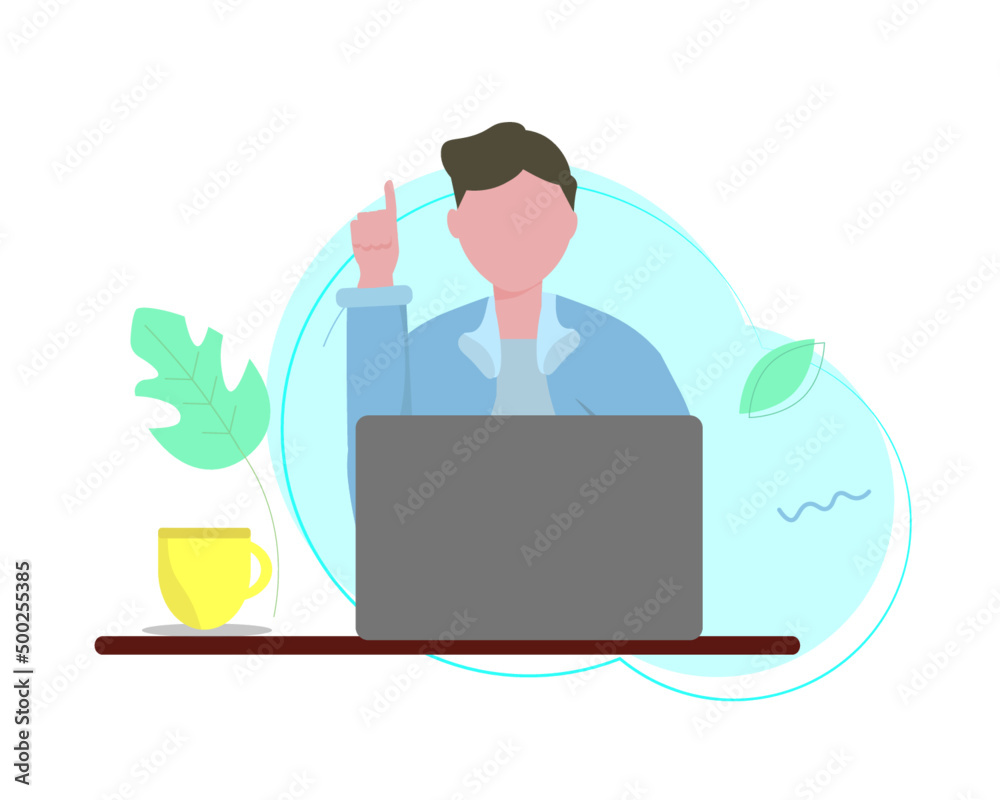 パソコンと男性 人差し指で指さし ポイント指摘 説明やひらめき ビジネス ベクターイラスト Stock Vector Adobe Stock
