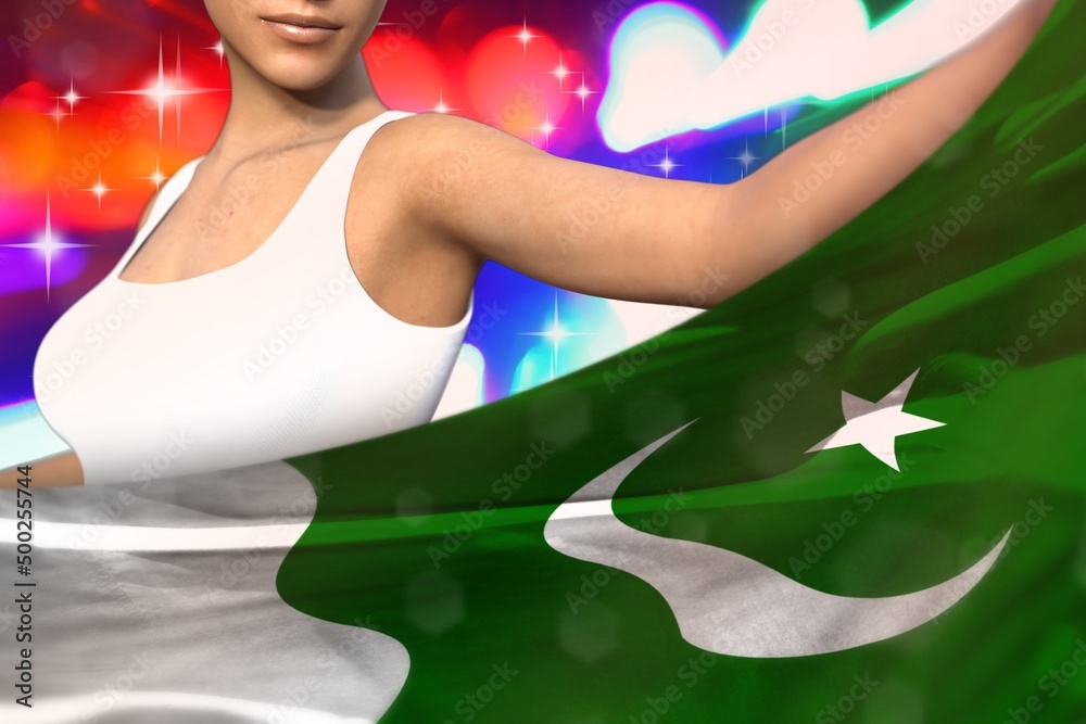 pretty girl holds Pakistan flag in front on the party lights - flag concept 3d illustration