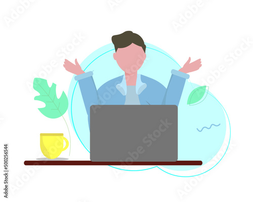 わからない 困惑 PC ビジネス。何で 男性 両手を挙げる 人物 ベクターイラスト	
