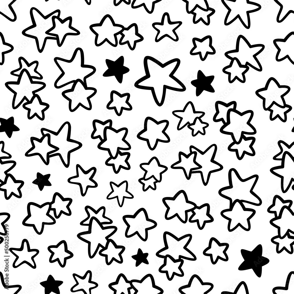 Black Line and silhouette Little Stars seamless pattern. Abstract art print. Design for paper, covers, cards, fabrics, interior items and any. Vector illustration.