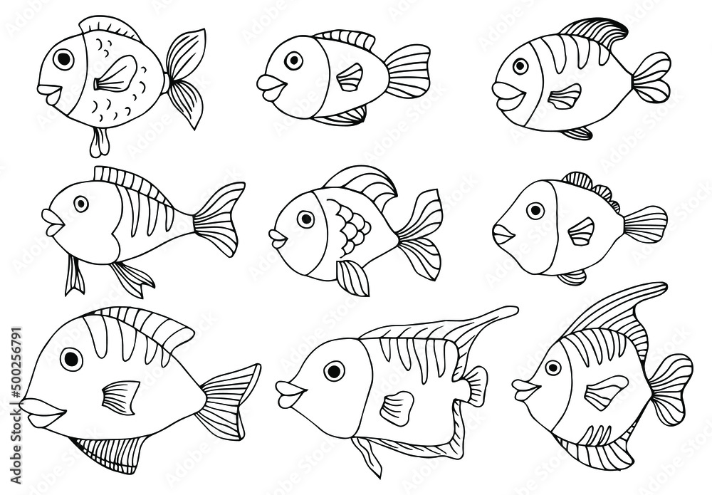 Cartoon ocean animals set. Coloring book pages for kids.