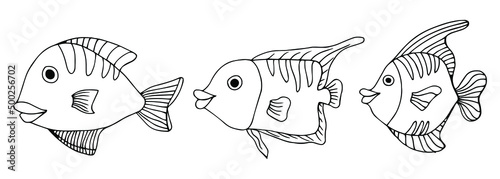 Coral fishes outline set for kids. Coloring book, prints, adults. Cute animal world.