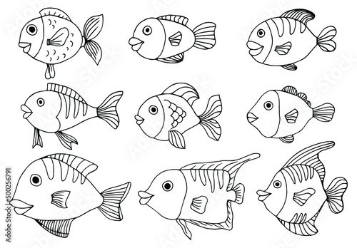 Cartoon ocean animals set. Coloring book pages for kids.