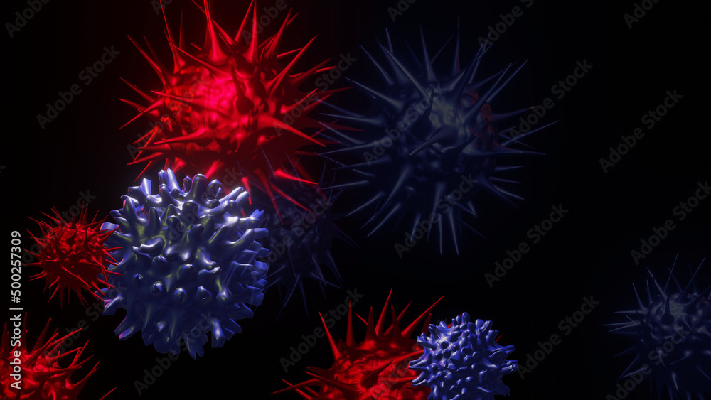 Coronavirus Covid-19. Sars-Cov-2 virus cells microscoping view. 3D render illustration.