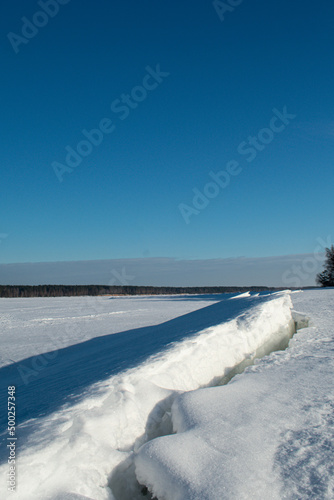 Panorama of the Volga in winter on a clear day