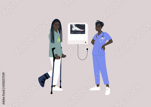 A patient with a bone fracture using crotches on a checkup appointment with a doctor, an x-ray light box on the wall