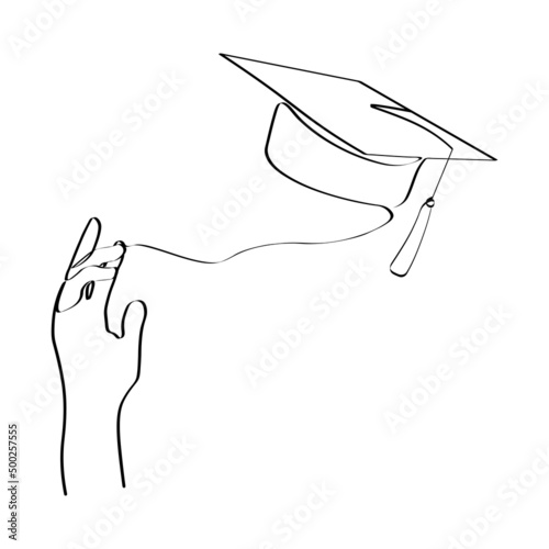 One line art with student tossing up his graduation cap. Trendy one line draw design graphic vector illustration.