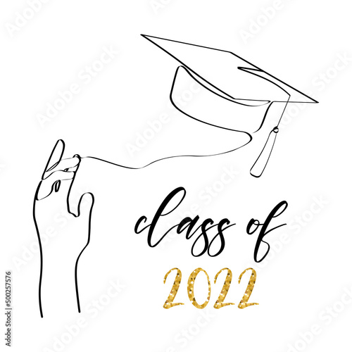 Class of 2022. One line art with student tossing up his graduation cap. Trendy one line draw design graphic vector illustration.