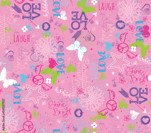Graffiti style butterflies, peace signs, and words of inspiration repeating in a vector pattern for girls. Seamless vector patterns are great for backgrounds, wallpaper, and surface designs.