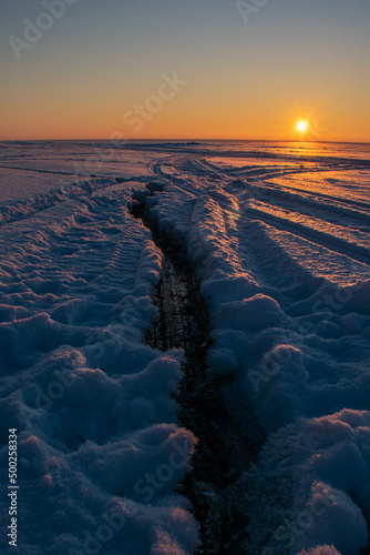 beautiful winter sunset on the Volga River