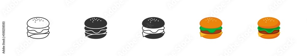 Burger set icon in different styles. Fast food. Flat vector hamburger, beef isolated illustration Burger set icon in different styles. Fast food. Flat vector hamburger, beef isolated illustration
