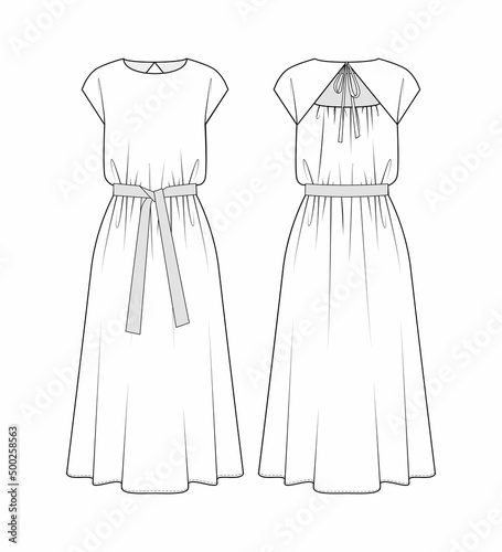 Fashion technical drawing of belted wide dress