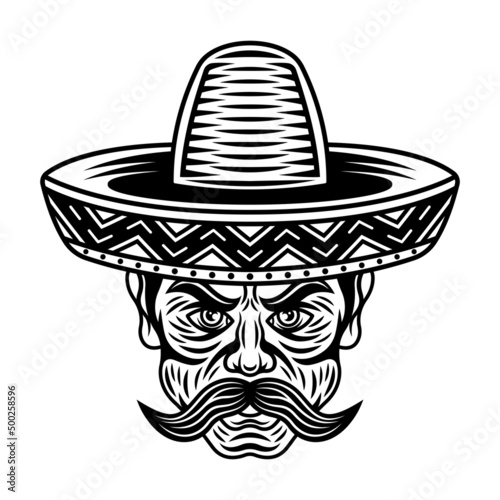 Mexican man head with mustache and in sombrero hat vector illustration in vintage black and white style isolated