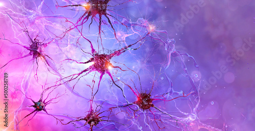 Human brain neural network  active neuron cells  knots  axons  synapses  nervous system 3D background. Nerve cells electrical activity. Biology  neurology science  cognition  psychology  mental health