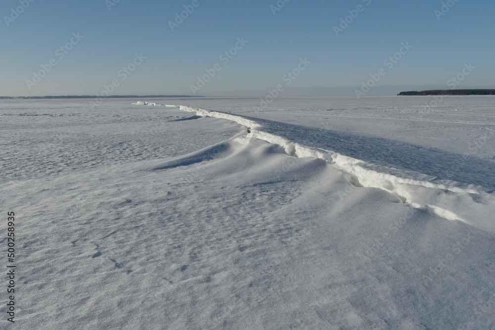 Panorama of the Volga in winter on a clear day