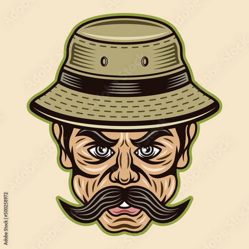 Fisherman in bucket hat with mustache vector character illustration in colorful cartoon style isolated on light background