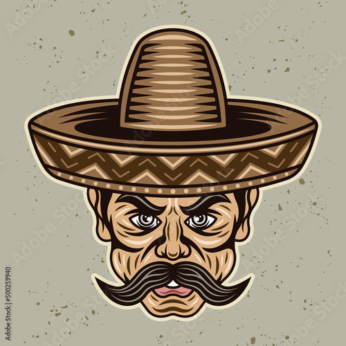 Mexican man head with mustache and in sombrero hat vector illustration in colored cartoon style