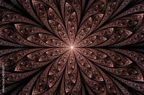 Computer generated abstract illustration Beautiful fractal Golden flower wall  pattern, Kaleidoscope design background, Abstract Concept Unique Mandala Kaleidoscopic creative inimitable graphic design