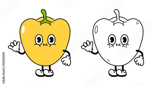 Cute funny pepper waving hand character outline cartoon illustration for coloring book. Vector pepper hand drawn traditional cartoon vintage, retro, character. Isolated on white background