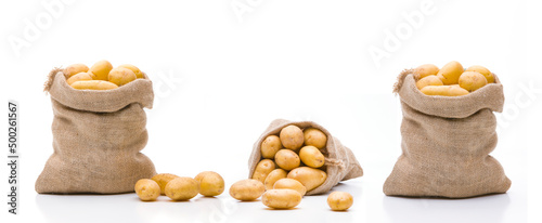 Kartoffeln in einem Jutesack isoliert auf eweissem Hinterghrund
