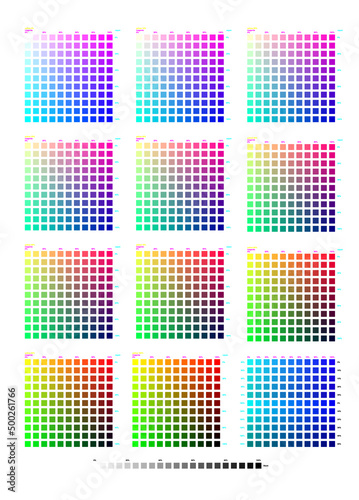 Color mixing scheme. CMYK color print test calibration. CMYK format, ready for print!