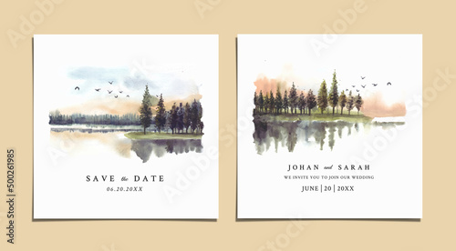 Wedding invitation with reflection of pine trees in lake watercolor