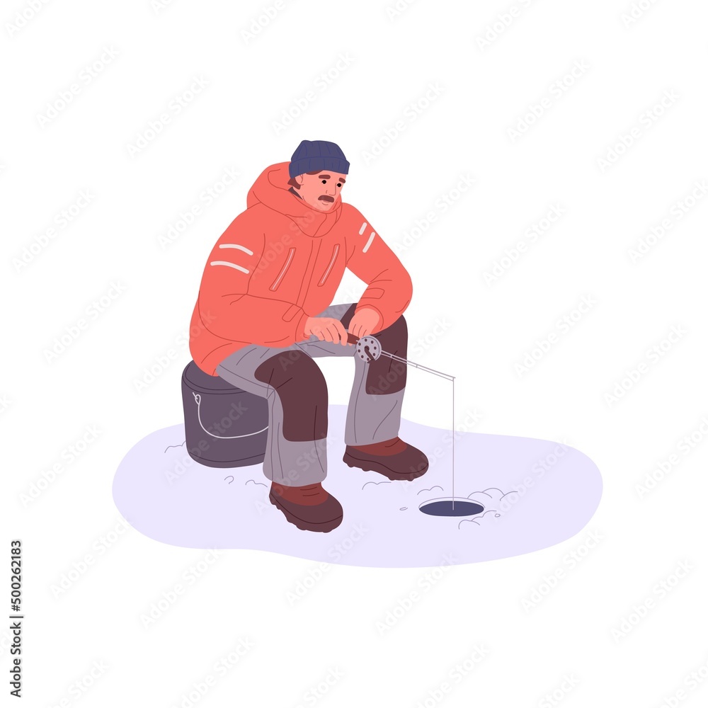 Man fisher at ice polar fishing in cold winter, frost. Fisherman sitting with rod, catching fish through hole. Angler on frozen lake water. Flat vector illustration isolated on white background Man fisher at ice polar fishing in cold winter, frost. Fisherman sitting with rod, catching fish through hole. Angler on frozen lake water. Flat vector illustration isolated on white background