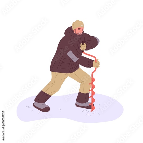 Fisher man drilling hole in ice with auger tool. Fisherman preparing for cold winter fishing with equipment. North angler in warm clothes. Flat graphic vector illustration isolated on white background
