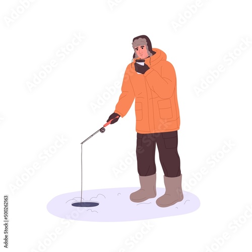 Man fisher at winter ice fishing, standing with rod angle, catching fish through hole. Fisherman drinking hot tea from mug in frost, cold season. Flat vector illustration isolated on white background