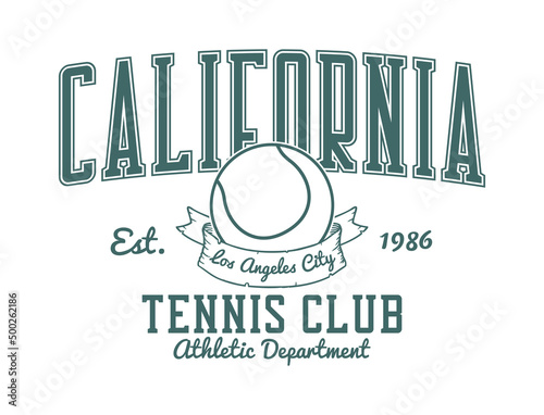 California, Los Angeles tennis club t-shirt design. College style tee shirt with tennis ball. Sport apparel print. Vector illustration.