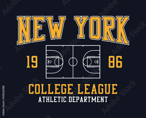 New York college style basketball t-shirt design. Tee shirt with basketball field. Sport apparel print. Vector illustration.