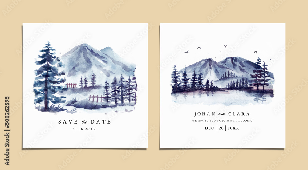 Watercolor wedding invitation set with winter landscape and icy mountain 
