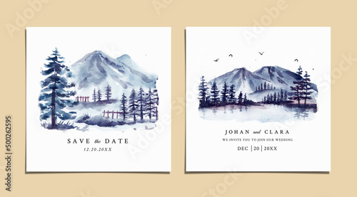Watercolor wedding invitation set with winter landscape and icy mountain 