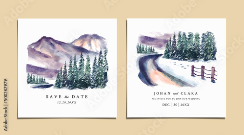 Wedding invitation set of winter landscape with mountain and pine trees watercolor