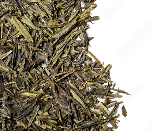 Long jing tea on white background. Top view. Close up. High resolution photo