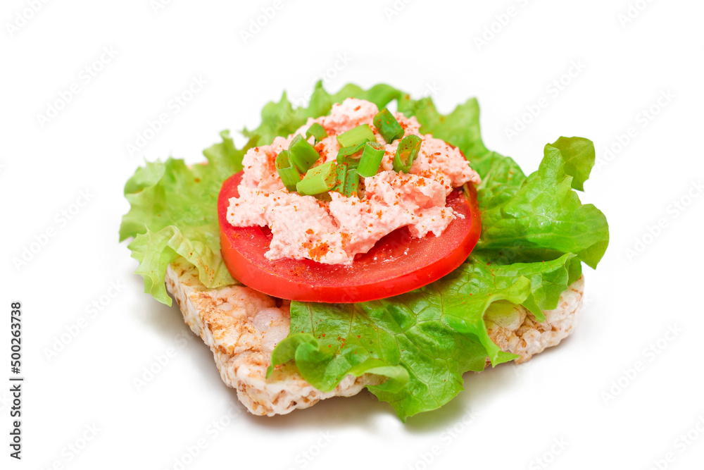 Rice Cake Sandwich with Tomato, Lettuce, Fish Cream and Green Onions - Isolated on White. Easy Breakfast. Diet Food. Quick and Healthy Sandwiches. Crispbread with Tasty Filling - Isolation