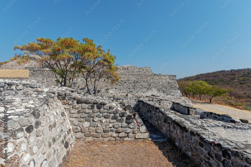 Ancient pyramids on top of a mountain, steps and masonry, structures of ruined pyramids and growing trees with yellow flowers and leaves against the sky. Architecture. City in Mexico Xochicalco