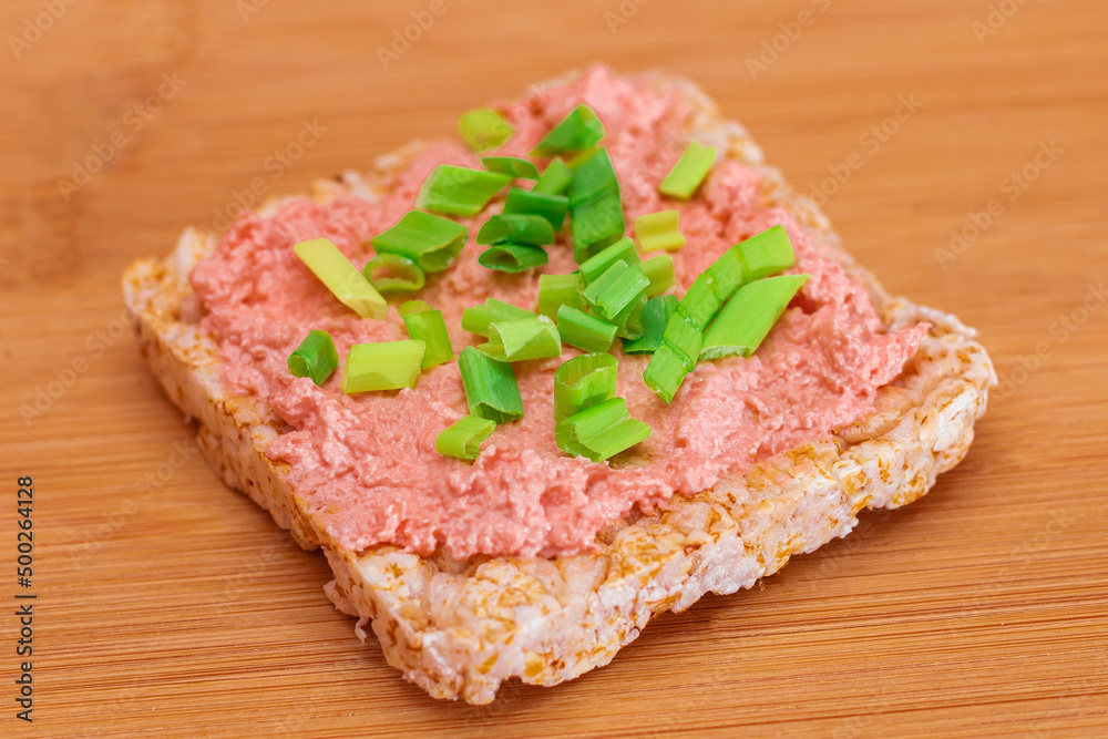 Rice Cake Sandwich with Fish Cream and Green Onions on Bamboo Cutting Board. Easy Breakfast. Diet Food. Quick and Healthy Sandwiches. Crispbread with Tasty Filling. Healthy Dietary Snack Rice Cake Sandwich with Fish Cream and Green Onions on Bamboo Cutting Board. Easy Breakfast. Diet Food. Quick and Healthy Sandwiches. Crispbread with Tasty Filling. Healthy Dietary Snack