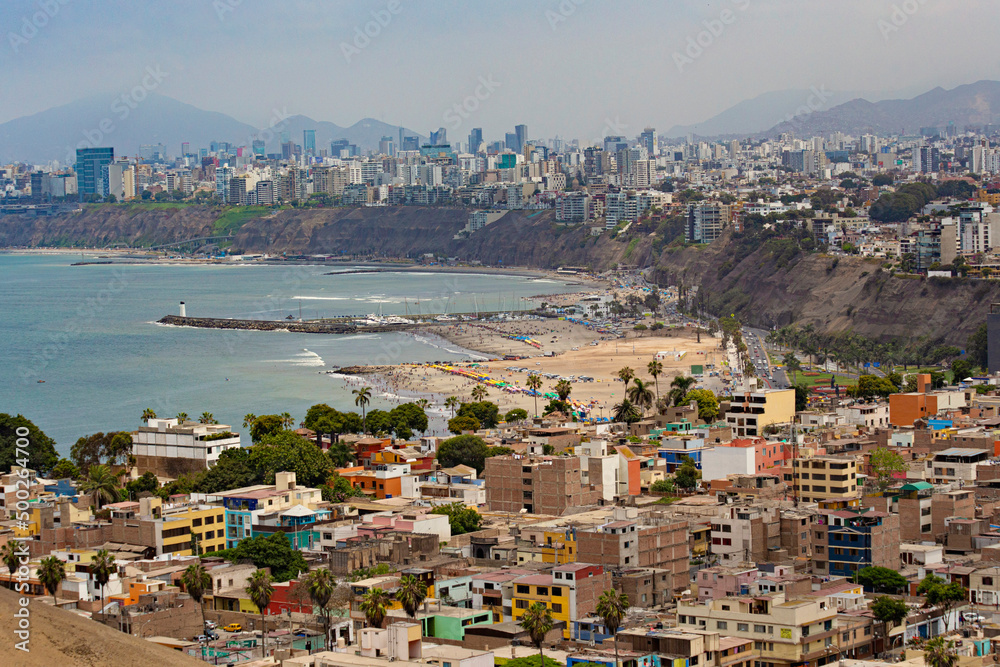 Lima skyline, aerial view of Lima city, Pacific ocean coast, Lima beach ...