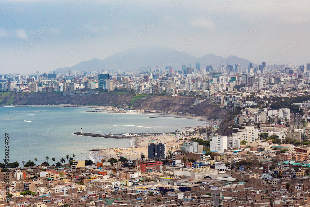 Lima skyline, aerial view of Lima city, Pacific ocean coast, Lima beach, Peru