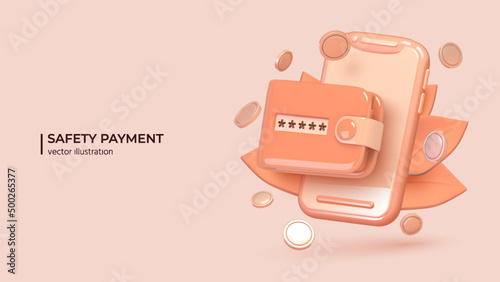 Safety payments concept. Realistic 3d design of smart wallet with payment application on smartphone and coins around it. The concept of mobile phone and personal data protection. Vector illustration