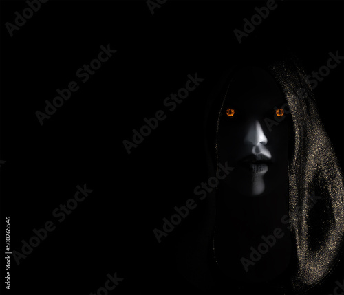 Fotografie, Tablou Illustration of a ghostly female figure with eyes in a hooded cloak