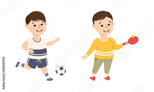 Kids doing sports set. Cute children playing soccer and table tennis cartoon vector illustration