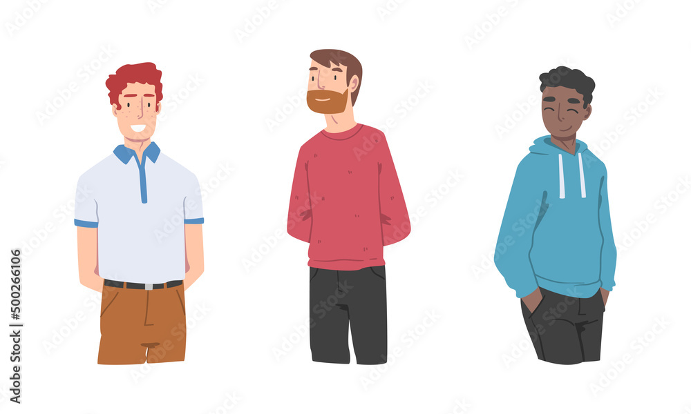 Young men in casual outfit. Set of multicultural students cartoon vector illustration