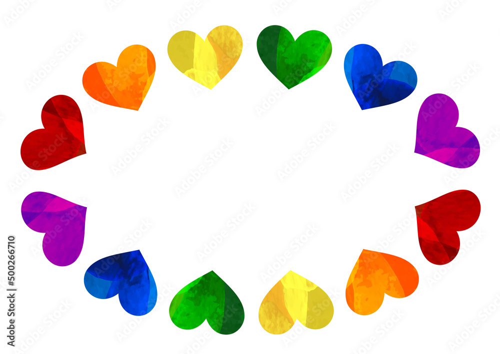 6色の虹色のハートが並ぶ楕円形のフレームのイラスト 背景素材 Stock Illustration Adobe Stock