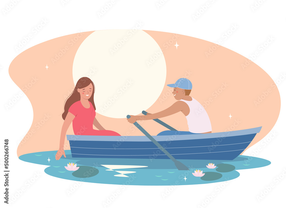 Romantic boat trip. Young man in love rides  girl on boat.