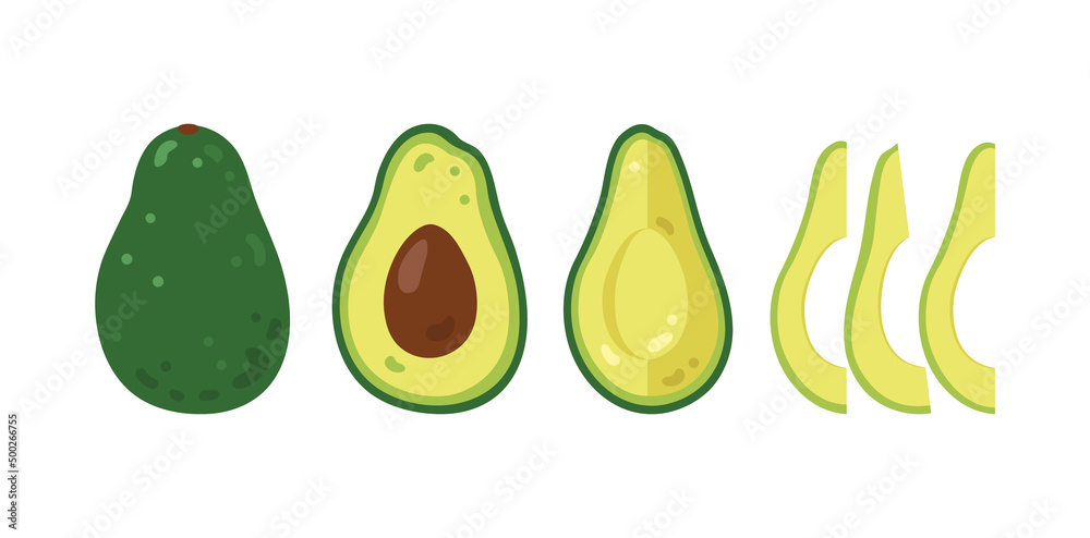 Vector set of avocados. Illustration of a fresh whole, halves, sliced avocado, isolated on a white background. Organic fruits for a healthy lifestyle. Cartoon style. Vector set of avocados. Illustration of a fresh whole, halves, sliced avocado, isolated on a white background. Organic fruits for a healthy lifestyle. Cartoon style.