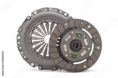 Clutch basket and disc of manual gearbox car isolated on white background. Car clutch repair kit. Automotive spare parts.