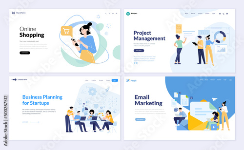 Set of web page design templates of e-commerce, online shopping, project management, startup and business planning, email marketing. Vector illustrations for web development.